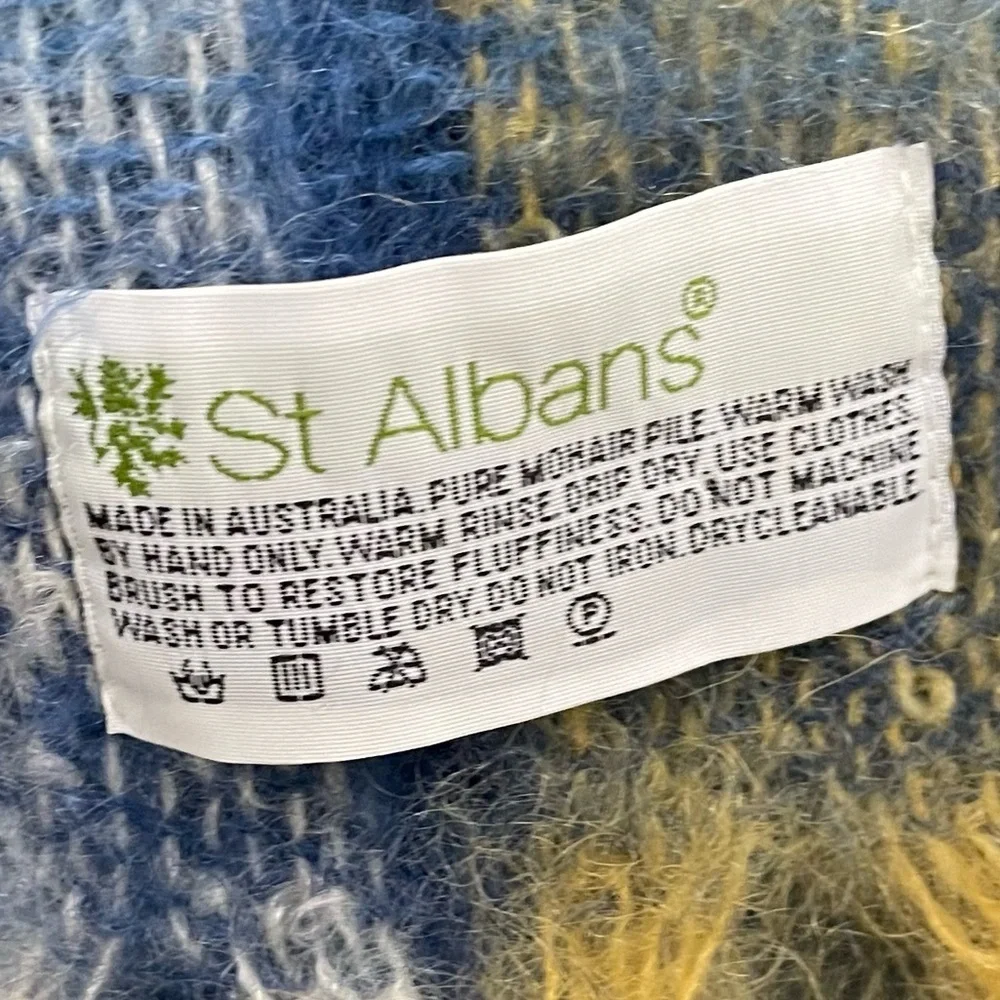 ST ALBANS Australia Pure Mohair Wool Plaid Winter Scarf Yellow Blue Cream